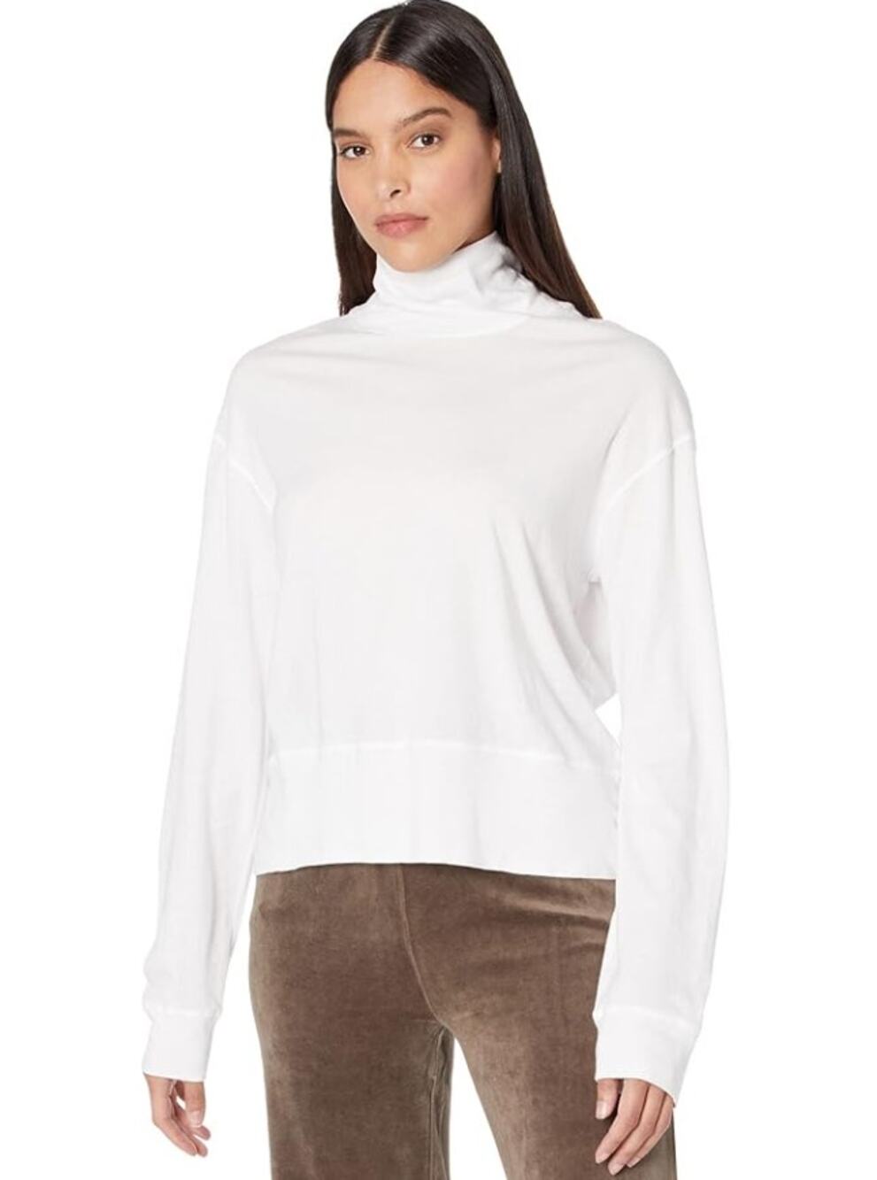 MONROW Mock Neck Top White Waffle Knit Long Sleeve Women's S